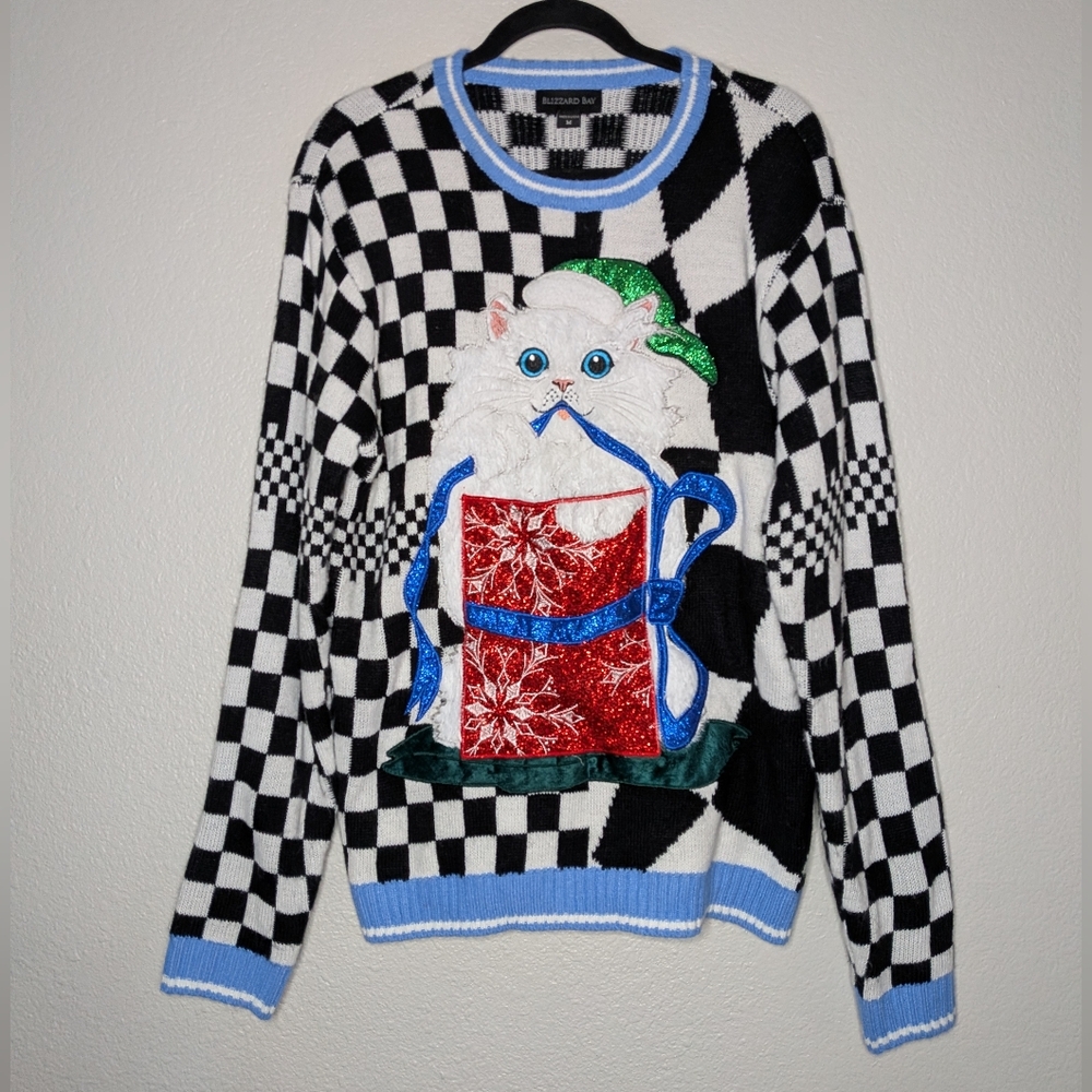 Blizzard Bay Mens Christmas Xmas Checkered Cat Gift Embroidered Ugly Sweater M